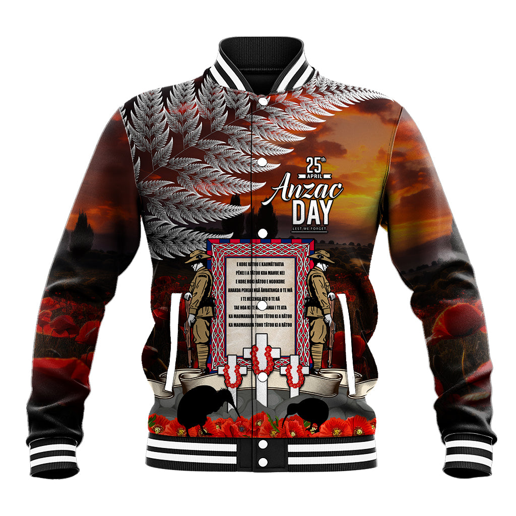 New Zealand ANZAC Day Baseball Jacket The Ode of Remembrance and Silver Fern LT03 Unisex Black - Polynesian Pride
