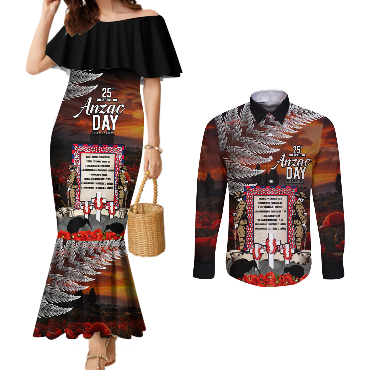 New Zealand ANZAC Day Couples Matching Mermaid Dress and Long Sleeve Button Shirt The Ode of Remembrance and Silver Fern LT03 Black - Polynesian Pride