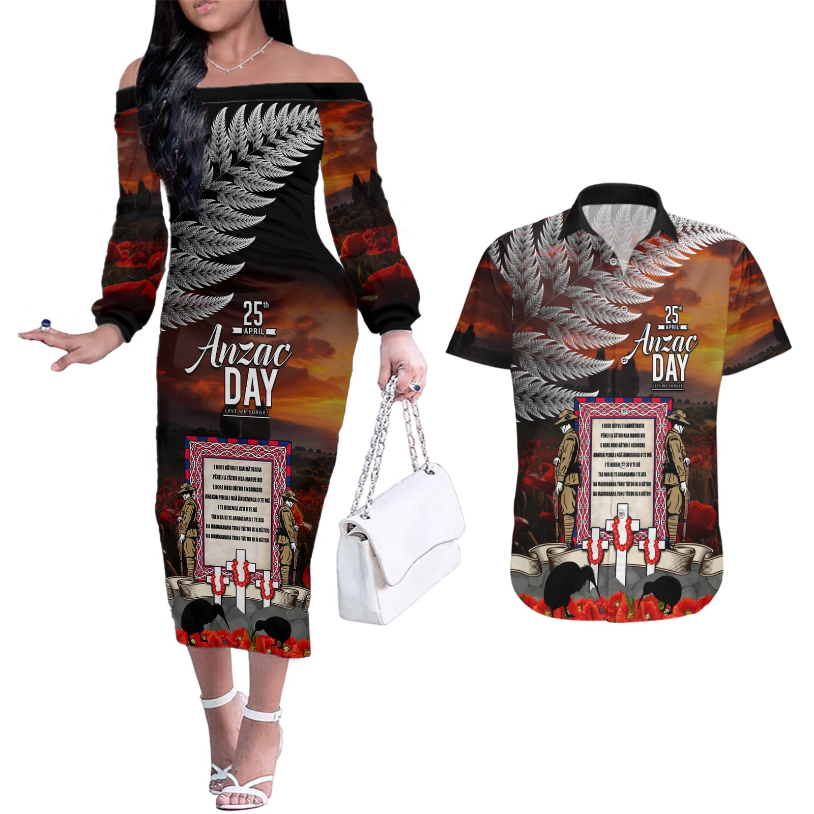 New Zealand ANZAC Day Couples Matching Off The Shoulder Long Sleeve Dress and Hawaiian Shirt The Ode of Remembrance and Silver Fern LT03 Black - Polynesian Pride