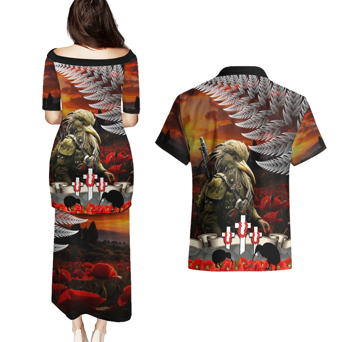 New Zealand ANZAC Day Couples Matching Puletasi and Hawaiian Shirt The Ode of Remembrance and Silver Fern LT03 - Polynesian Pride
