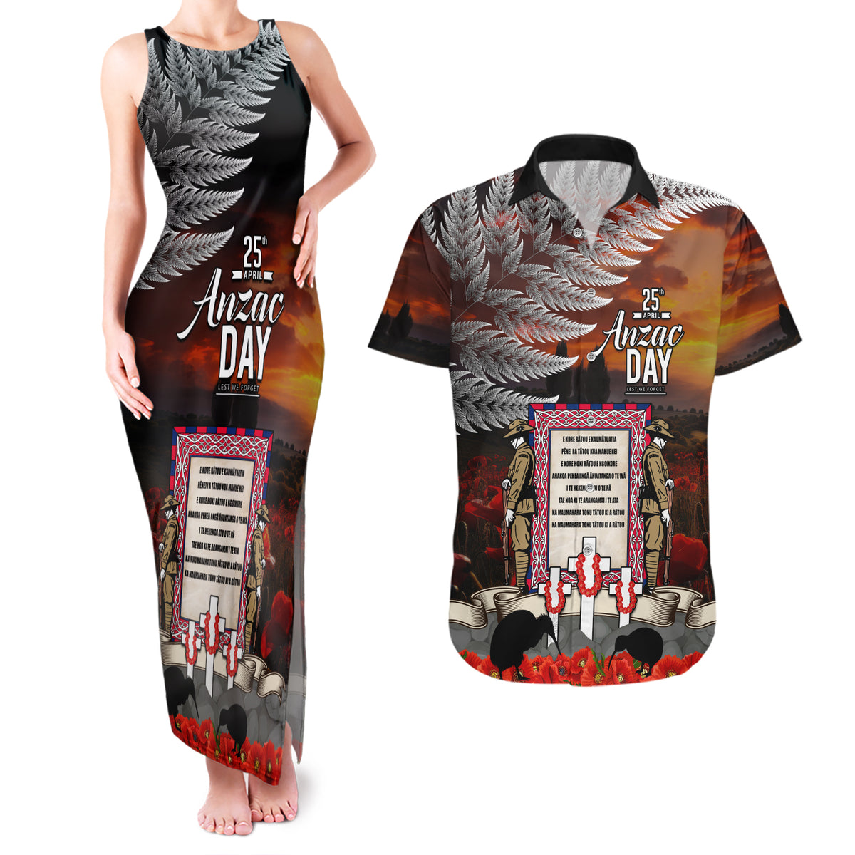 New Zealand ANZAC Day Couples Matching Tank Maxi Dress and Hawaiian Shirt The Ode of Remembrance and Silver Fern LT03 Black - Polynesian Pride