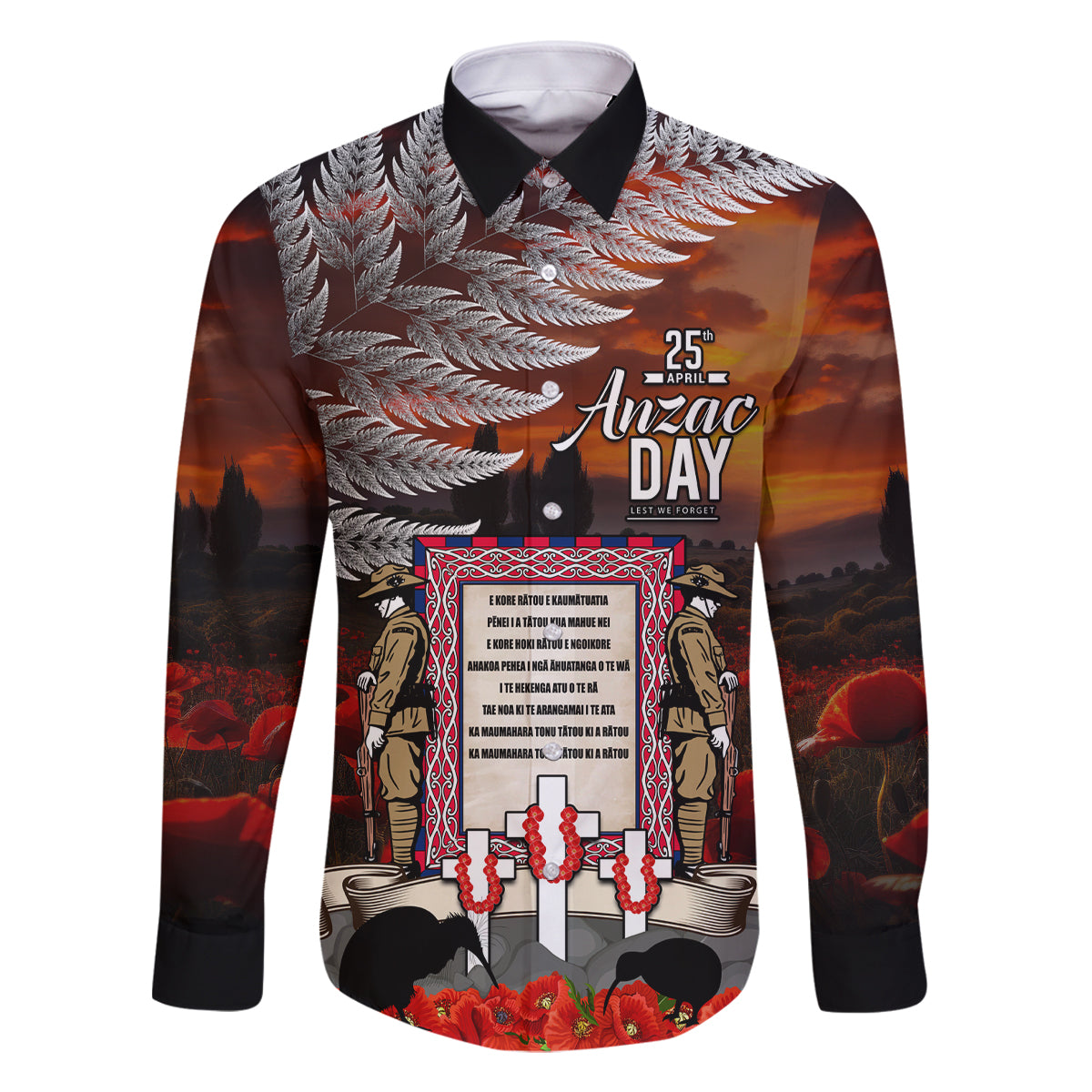 New Zealand ANZAC Day Family Matching Off Shoulder Maxi Dress and Hawaiian Shirt The Ode of Remembrance and Silver Fern LT03 Dad's Shirt - Long Sleeve Black - Polynesian Pride