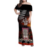 New Zealand ANZAC Day Family Matching Off Shoulder Maxi Dress and Hawaiian Shirt The Ode of Remembrance and Silver Fern LT03 Mom's Dress Black - Polynesian Pride