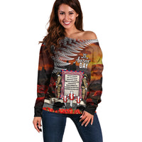 New Zealand ANZAC Day Off Shoulder Sweater The Ode of Remembrance and Silver Fern LT03 Women Black - Polynesian Pride