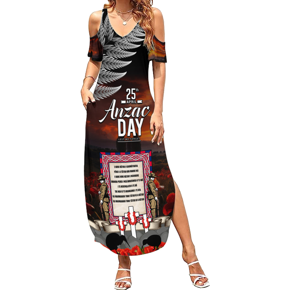 New Zealand ANZAC Day Summer Maxi Dress The Ode of Remembrance and Silver Fern LT03 Women Black - Polynesian Pride