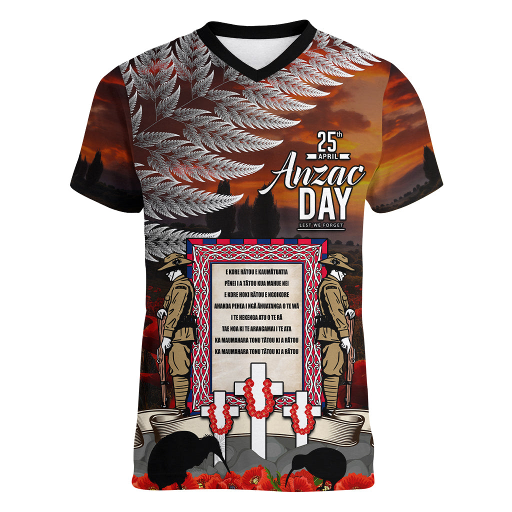 New Zealand ANZAC Day Women V Neck T Shirt The Ode of Remembrance and Silver Fern LT03 Female Black - Polynesian Pride