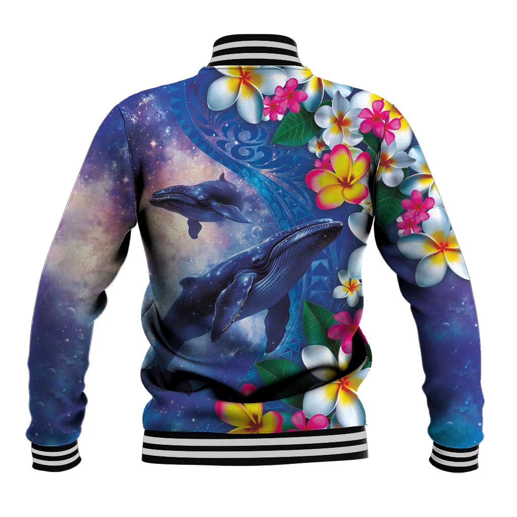 Hawaiian Lei Day Plumeria Humpback Whales Baseball Jacket Polynesian Art Vibrant Starry Nebula Style