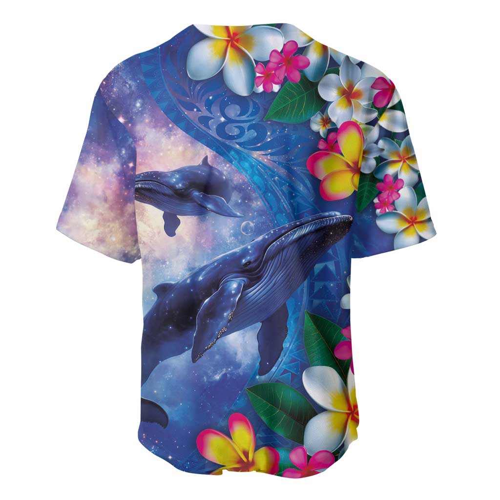 Hawaiian Lei Day Plumeria Humpback Whales Baseball Jersey Polynesian Art Vibrant Starry Nebula Style
