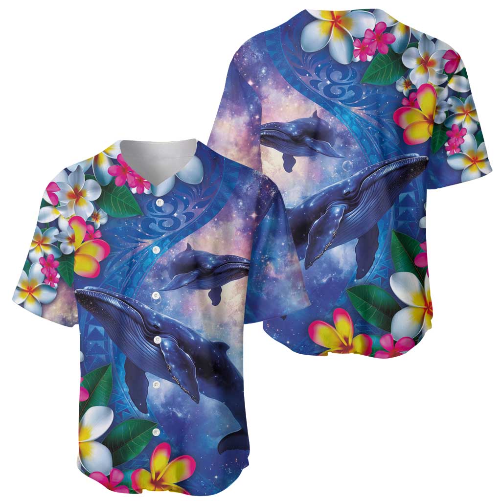 Hawaiian Lei Day Plumeria Humpback Whales Baseball Jersey Polynesian Art Vibrant Starry Nebula Style
