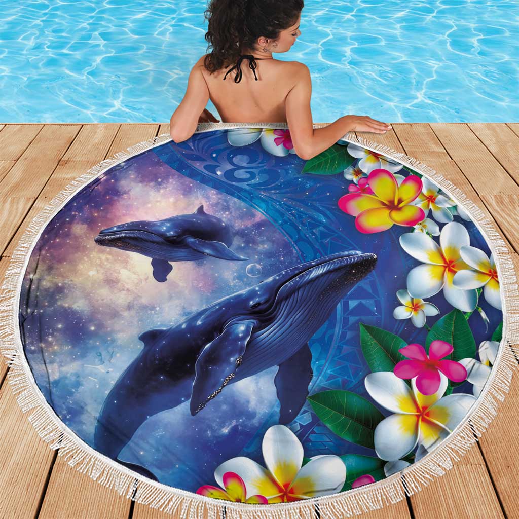 Hawaiian Lei Day Plumeria Humpback Whales Beach Blanket Polynesian Art Vibrant Starry Nebula Style