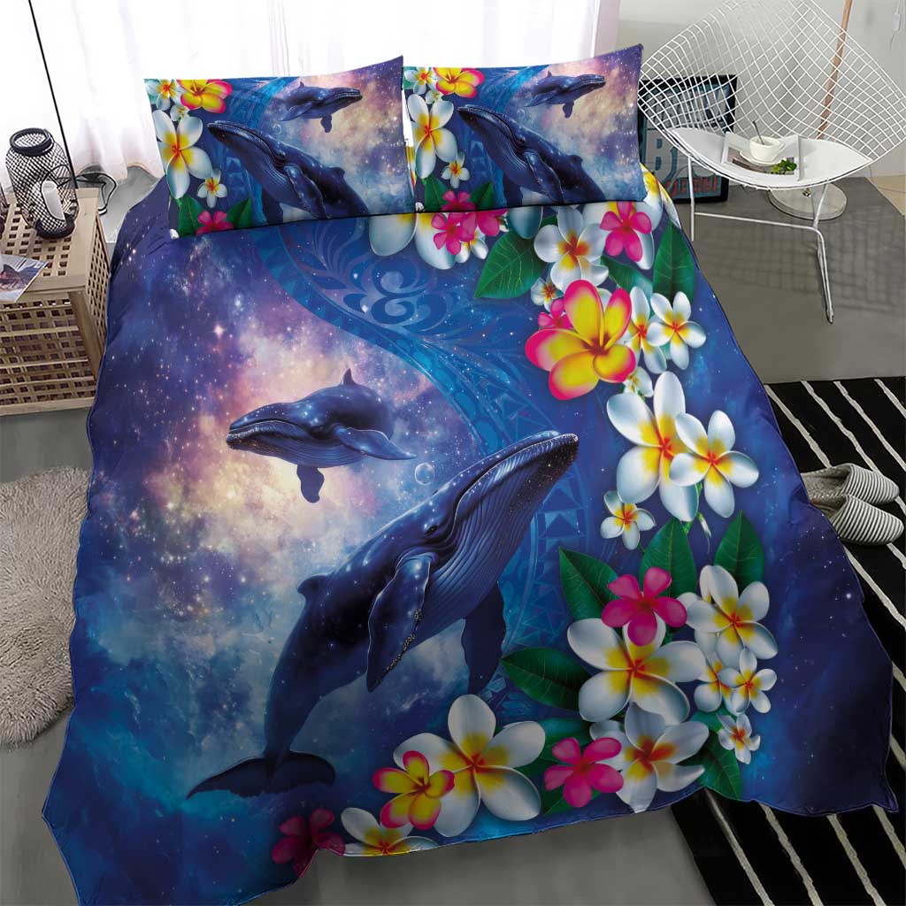 Hawaiian Lei Day Plumeria Humpback Whales Bedding Set Polynesian Art Vibrant Starry Nebula Style
