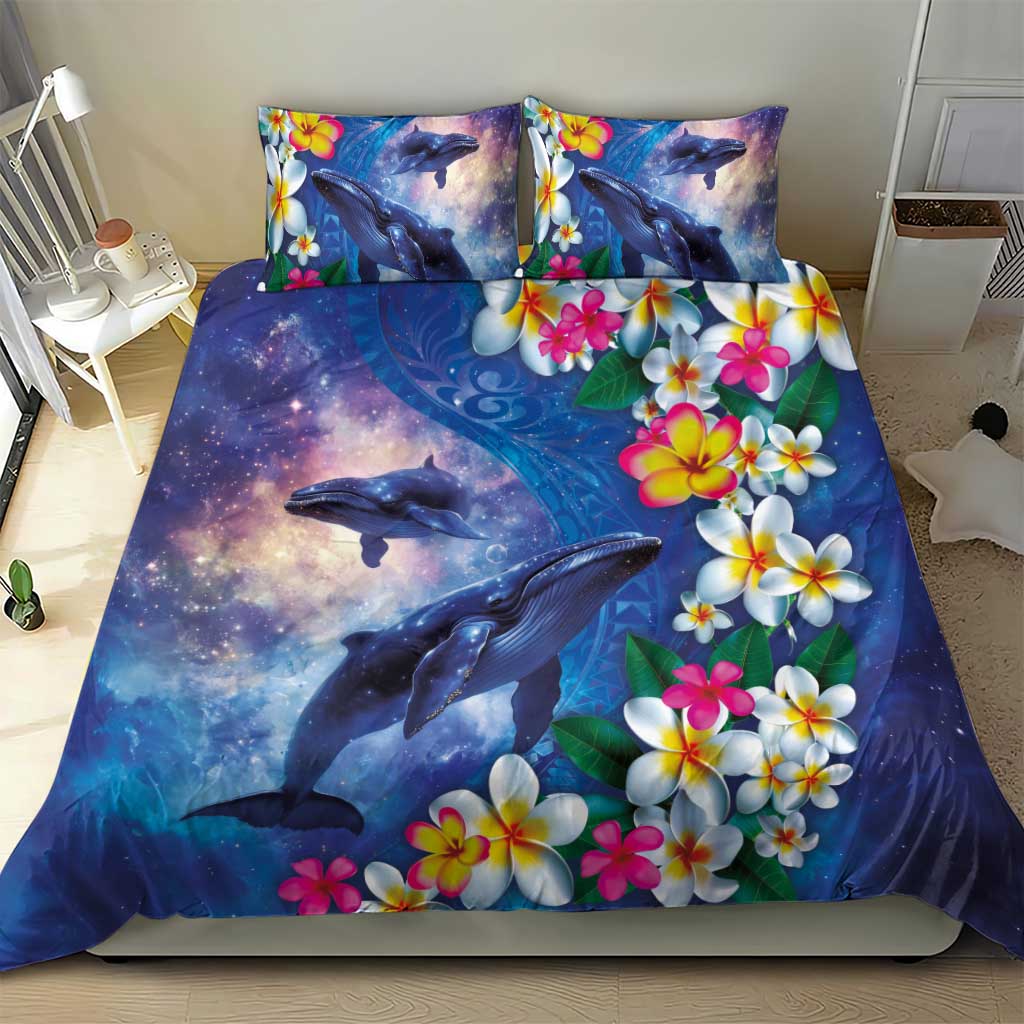 Hawaiian Lei Day Plumeria Humpback Whales Bedding Set Polynesian Art Vibrant Starry Nebula Style