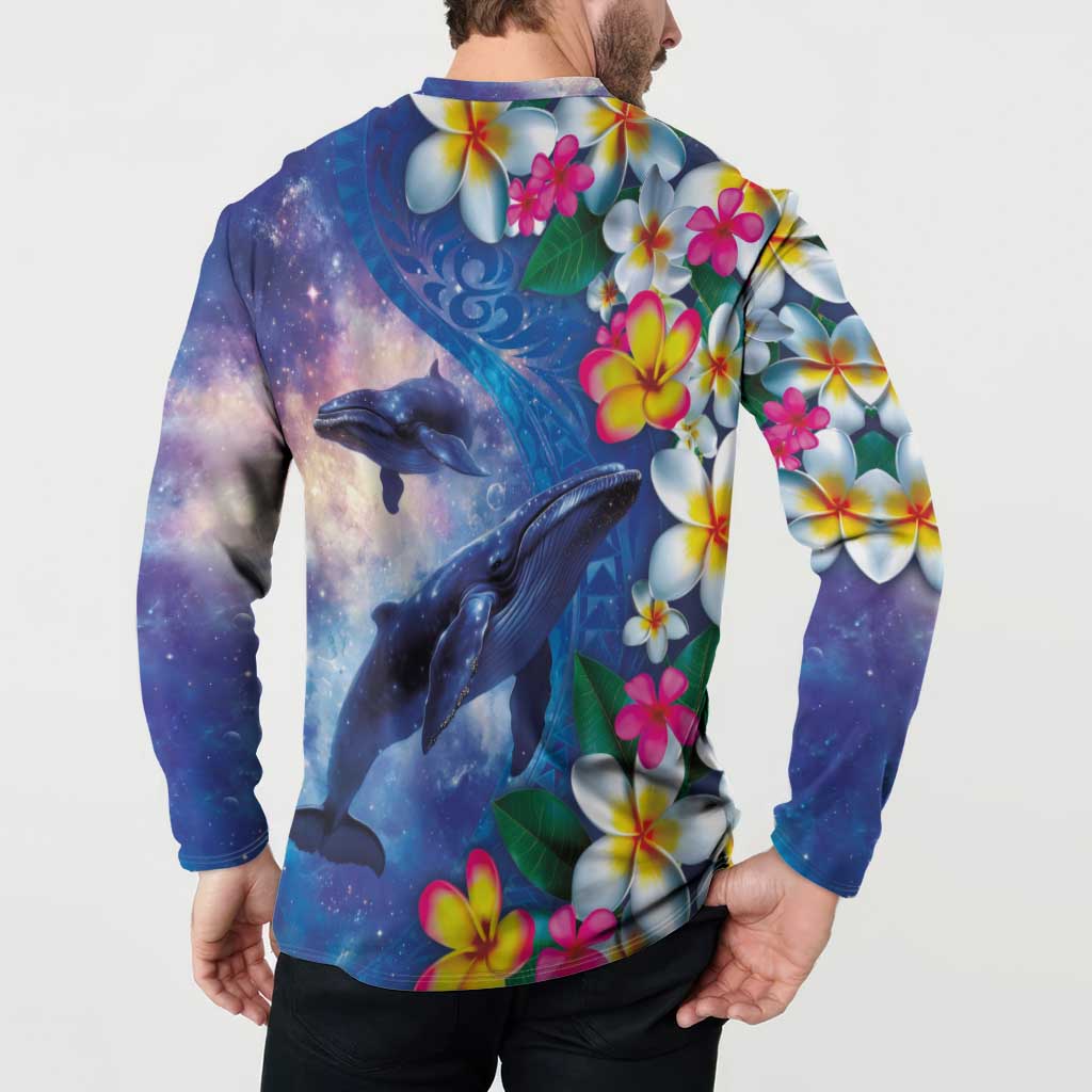 Hawaiian Lei Day Plumeria Humpback Whales Button Sweatshirt Polynesian Art Vibrant Starry Nebula Style