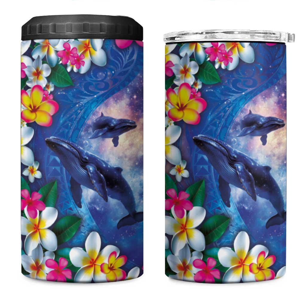 Hawaiian Lei Day Plumeria Humpback Whales 4 in 1 Can Cooler Tumbler Polynesian Art Vibrant Starry Nebula Style