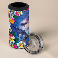 Hawaiian Lei Day Plumeria Humpback Whales 4 in 1 Can Cooler Tumbler Polynesian Art Vibrant Starry Nebula Style