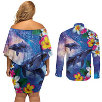 Hawaiian Lei Day Plumeria Humpback Whales Couples Matching Off Shoulder Short Dress and Long Sleeve Button Shirt Polynesian Art Vibrant Starry Nebula Style