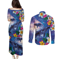 Hawaiian Lei Day Plumeria Humpback Whales Couples Matching Puletasi and Long Sleeve Button Shirt Polynesian Art Vibrant Starry Nebula Style