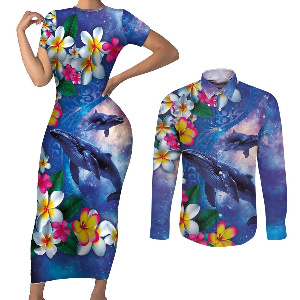Hawaiian Lei Day Plumeria Humpback Whales Couples Matching Short Sleeve Bodycon Dress and Long Sleeve Button Shirt Polynesian Art Vibrant Starry Nebula Style
