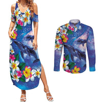 Hawaiian Lei Day Plumeria Humpback Whales Couples Matching Summer Maxi Dress and Long Sleeve Button Shirt Polynesian Art Vibrant Starry Nebula Style