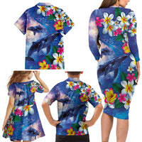 Hawaiian Lei Day Plumeria Humpback Whales Family Matching Long Sleeve Bodycon Dress and Hawaiian Shirt Polynesian Art Vibrant Starry Nebula Style