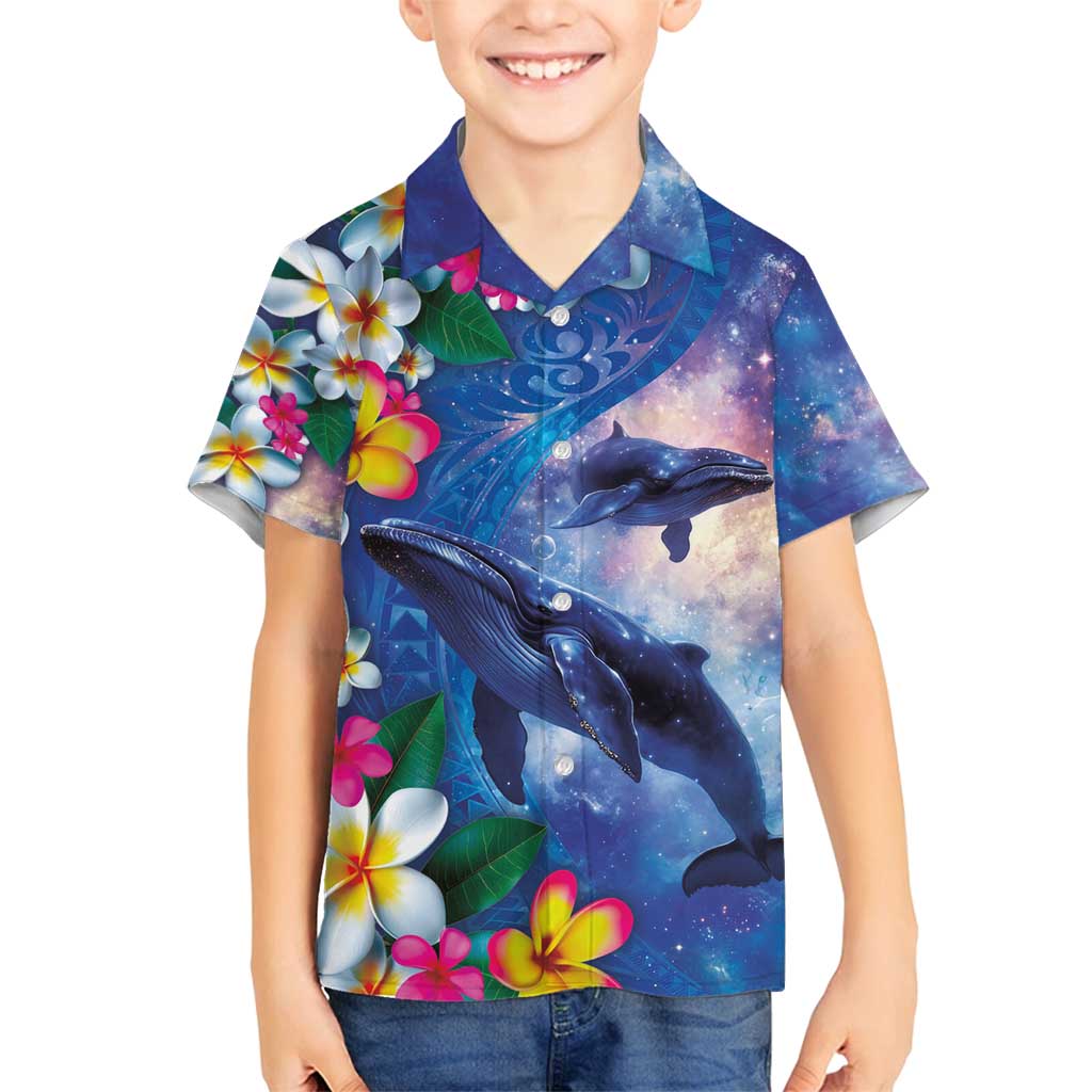 Hawaiian Lei Day Plumeria Humpback Whales Family Matching Long Sleeve Bodycon Dress and Hawaiian Shirt Polynesian Art Vibrant Starry Nebula Style