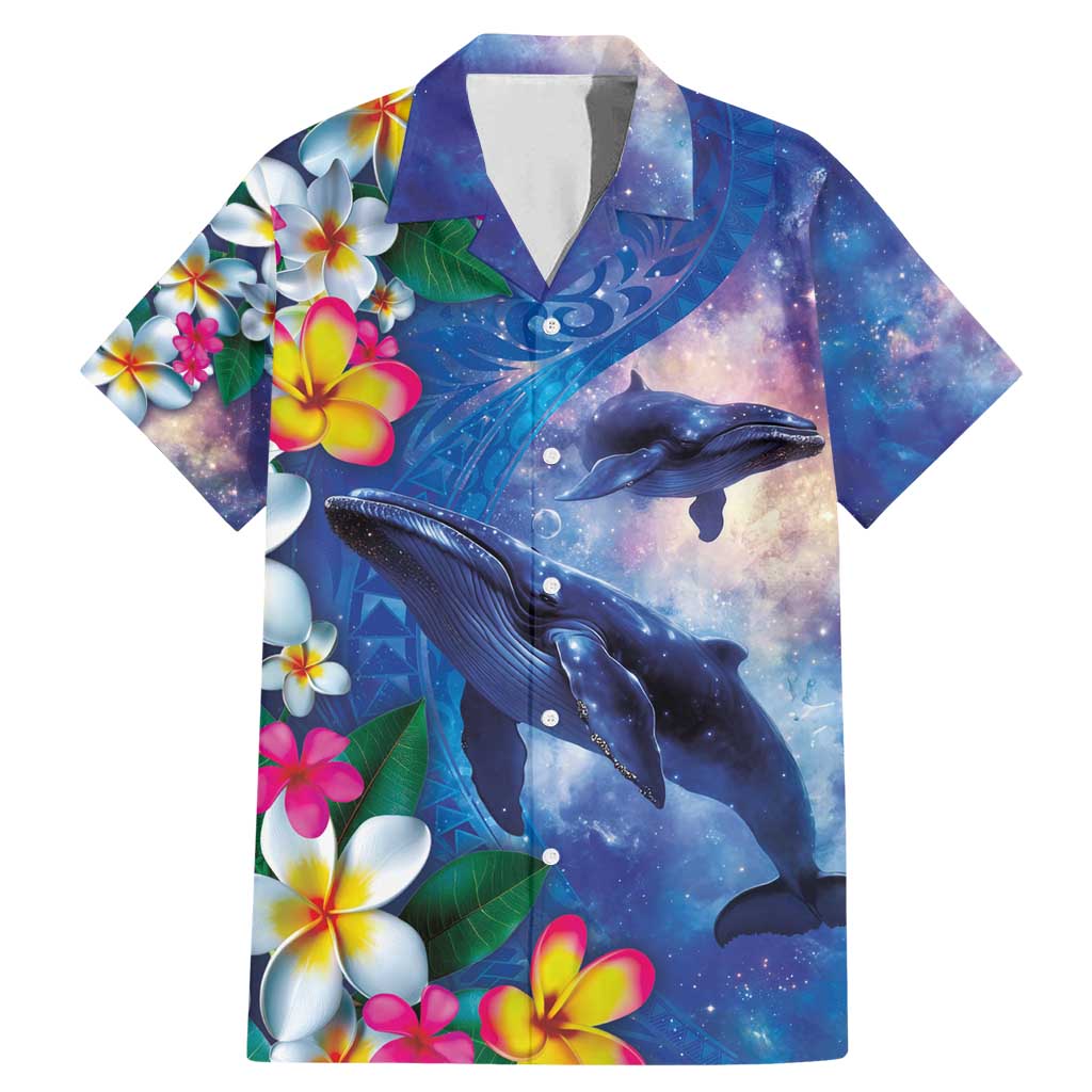 Hawaiian Lei Day Plumeria Humpback Whales Family Matching Mermaid Dress and Hawaiian Shirt Polynesian Art Vibrant Starry Nebula Style