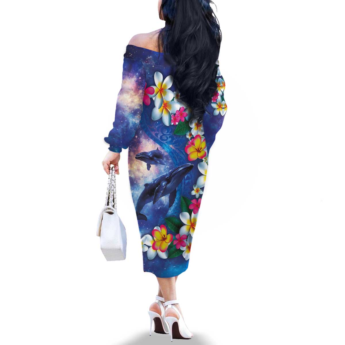 Hawaiian Lei Day Plumeria Humpback Whales Family Matching Off The Shoulder Long Sleeve Dress and Hawaiian Shirt Polynesian Art Vibrant Starry Nebula Style