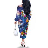 Hawaiian Lei Day Plumeria Humpback Whales Family Matching Off The Shoulder Long Sleeve Dress and Hawaiian Shirt Polynesian Art Vibrant Starry Nebula Style