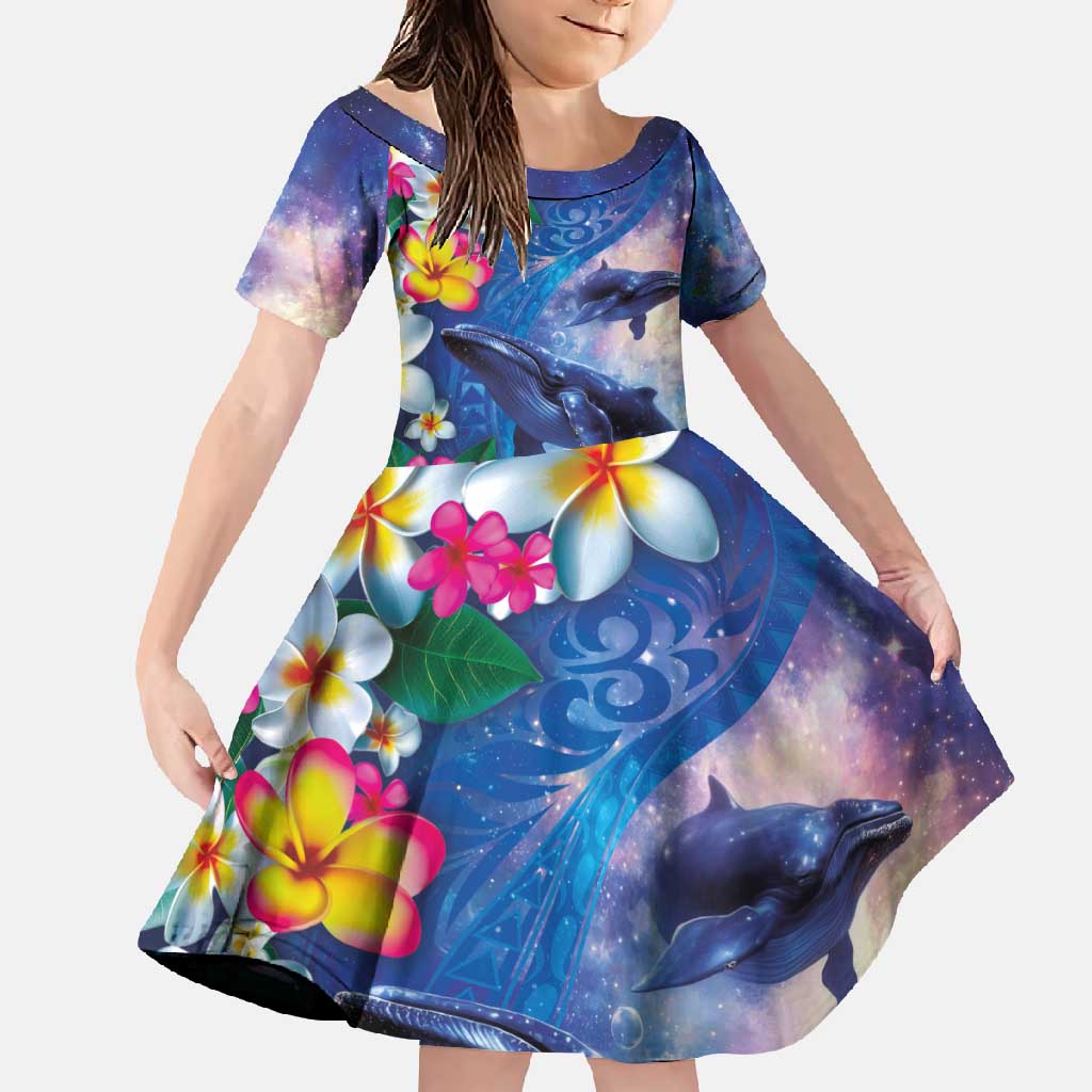 Hawaiian Lei Day Plumeria Humpback Whales Family Matching Off Shoulder Maxi Dress and Hawaiian Shirt Polynesian Art Vibrant Starry Nebula Style