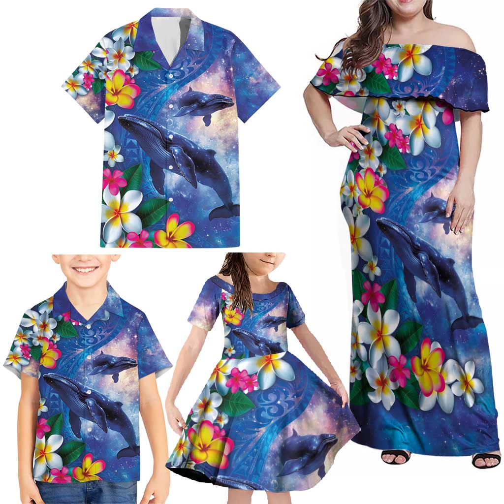 Hawaiian Lei Day Plumeria Humpback Whales Family Matching Off Shoulder Maxi Dress and Hawaiian Shirt Polynesian Art Vibrant Starry Nebula Style