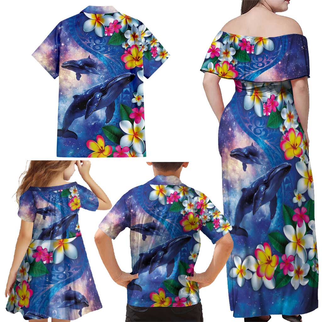 Hawaiian Lei Day Plumeria Humpback Whales Family Matching Off Shoulder Maxi Dress and Hawaiian Shirt Polynesian Art Vibrant Starry Nebula Style