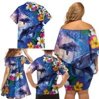 Hawaiian Lei Day Plumeria Humpback Whales Family Matching Off Shoulder Short Dress and Hawaiian Shirt Polynesian Art Vibrant Starry Nebula Style