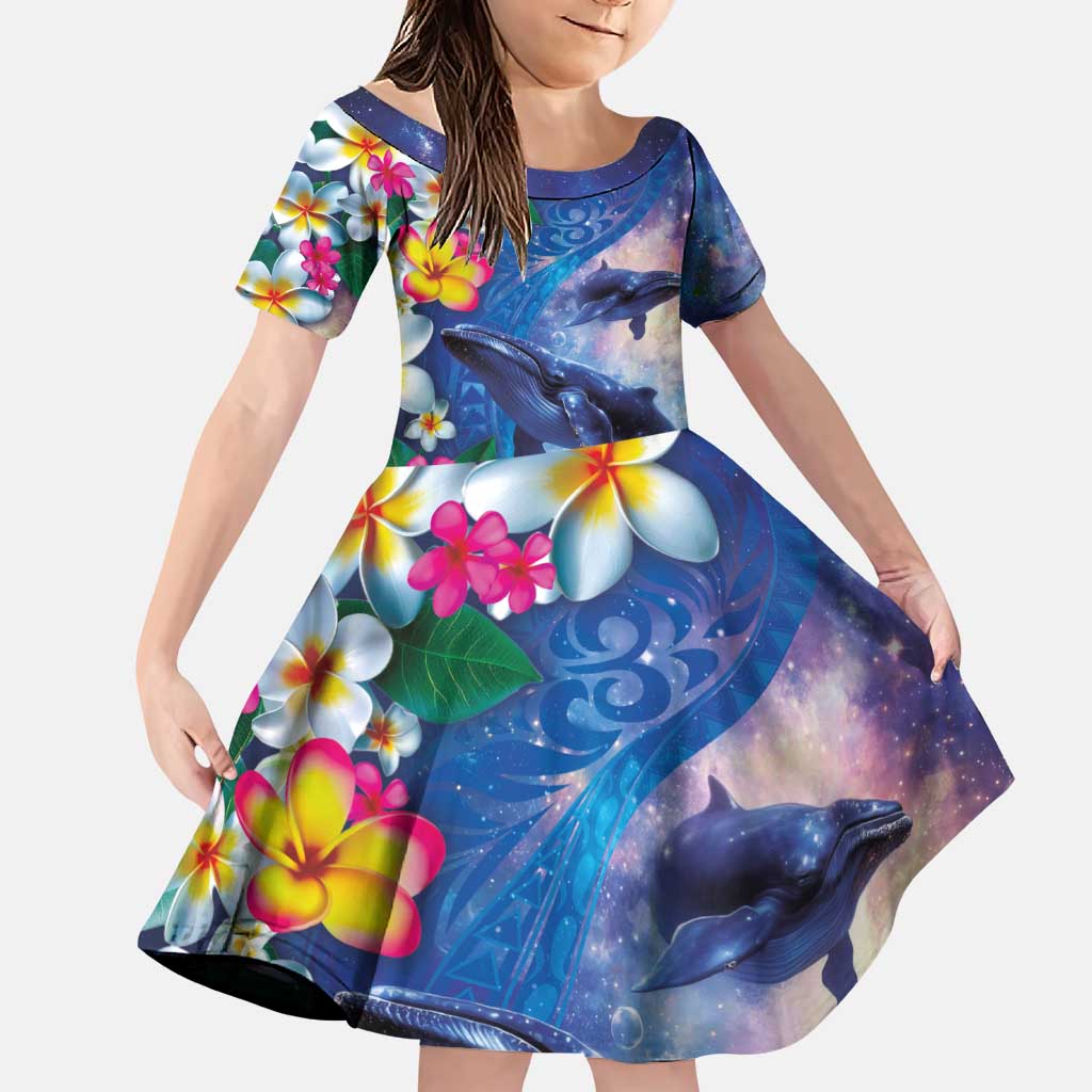 Hawaiian Lei Day Plumeria Humpback Whales Family Matching Puletasi and Hawaiian Shirt Polynesian Art Vibrant Starry Nebula Style LT03 Daughter's Dress Art - Polynesian Pride