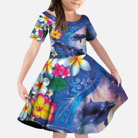 Hawaiian Lei Day Plumeria Humpback Whales Family Matching Puletasi and Hawaiian Shirt Polynesian Art Vibrant Starry Nebula Style LT03 Daughter's Dress Art - Polynesian Pride