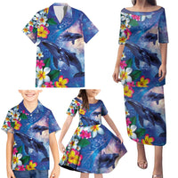 Hawaiian Lei Day Plumeria Humpback Whales Family Matching Puletasi and Hawaiian Shirt Polynesian Art Vibrant Starry Nebula Style LT03 - Polynesian Pride