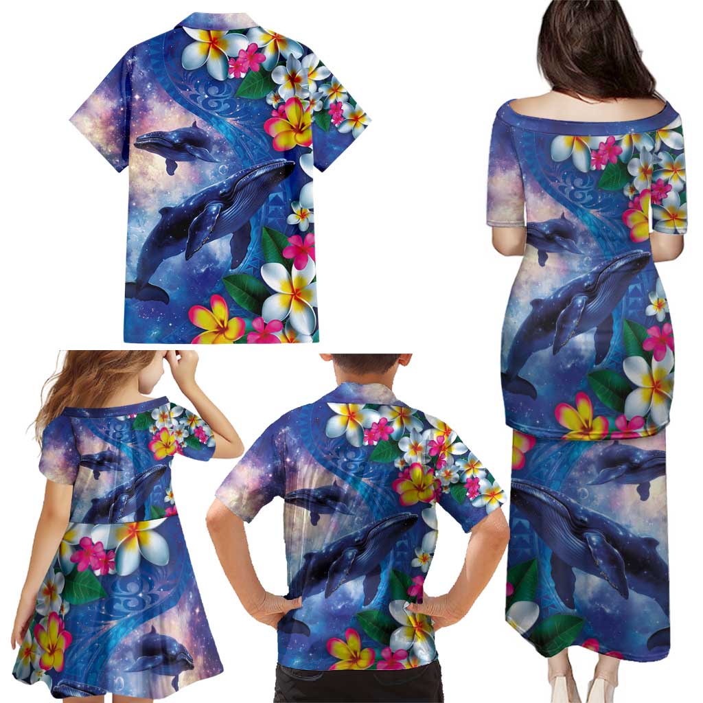 Hawaiian Lei Day Plumeria Humpback Whales Family Matching Puletasi and Hawaiian Shirt Polynesian Art Vibrant Starry Nebula Style LT03 - Polynesian Pride