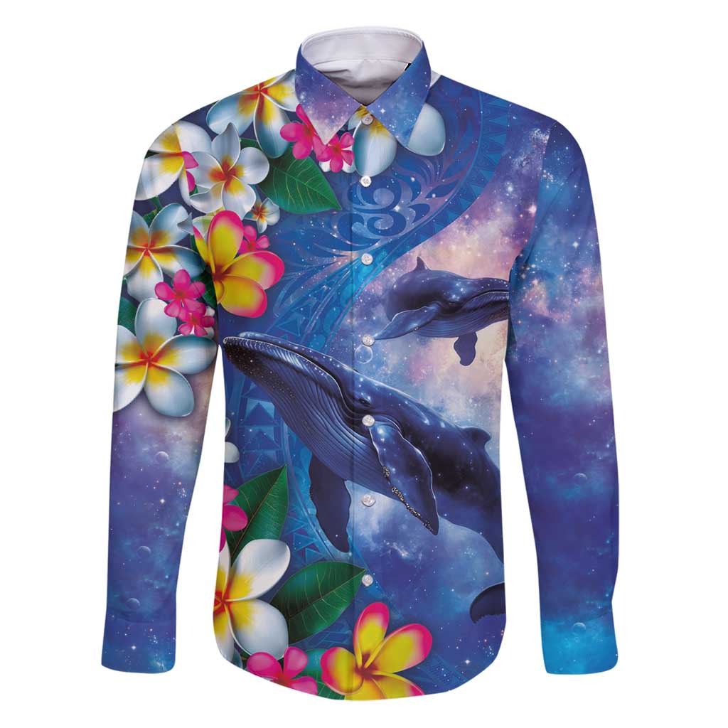 Hawaiian Lei Day Plumeria Humpback Whales Family Matching Puletasi and Hawaiian Shirt Polynesian Art Vibrant Starry Nebula Style LT03 Dad's Shirt - Long Sleeve Art - Polynesian Pride