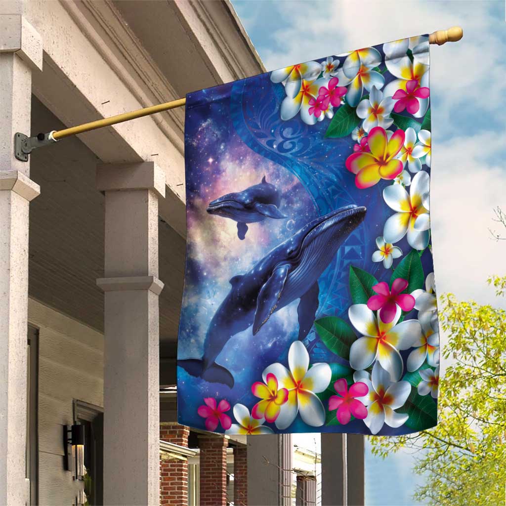 Hawaiian Lei Day Plumeria Humpback Whales Garden Flag Polynesian Art Vibrant Starry Nebula Style
