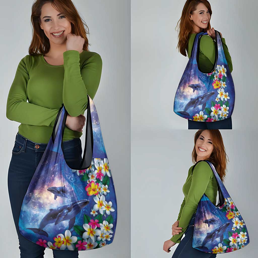 Hawaiian Lei Day Plumeria Humpback Whales Grocery Bag Polynesian Art Vibrant Starry Nebula Style