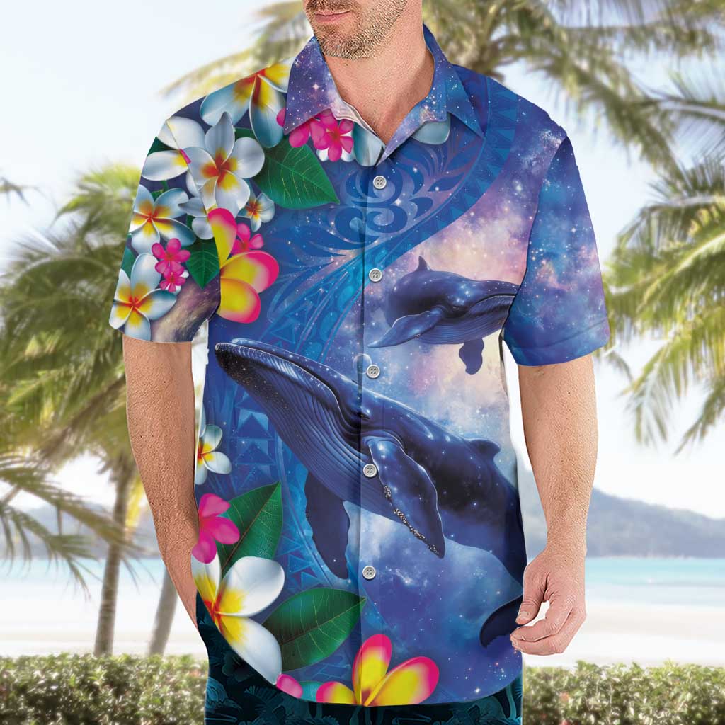 Hawaiian Lei Day Plumeria Humpback Whales Hawaiian Shirt Polynesian Art Vibrant Starry Nebula Style