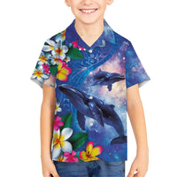 Hawaiian Lei Day Plumeria Humpback Whales Kid Hawaiian Shirt Polynesian Art Vibrant Starry Nebula Style