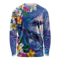 Hawaiian Lei Day Plumeria Humpback Whales Long Sleeve Shirt Polynesian Art Vibrant Starry Nebula Style