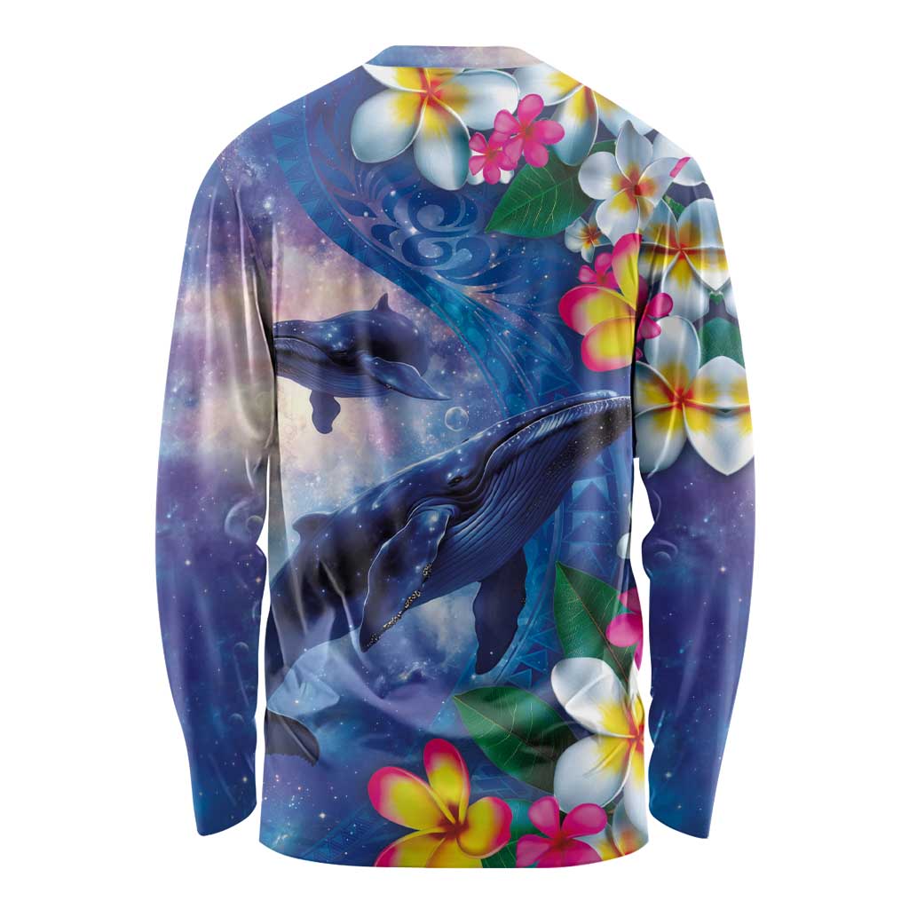 Hawaiian Lei Day Plumeria Humpback Whales Long Sleeve Shirt Polynesian Art Vibrant Starry Nebula Style