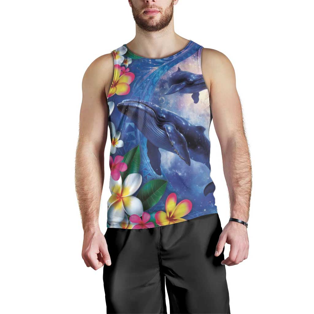Hawaiian Lei Day Plumeria Humpback Whales Men Tank Top Polynesian Art Vibrant Starry Nebula Style