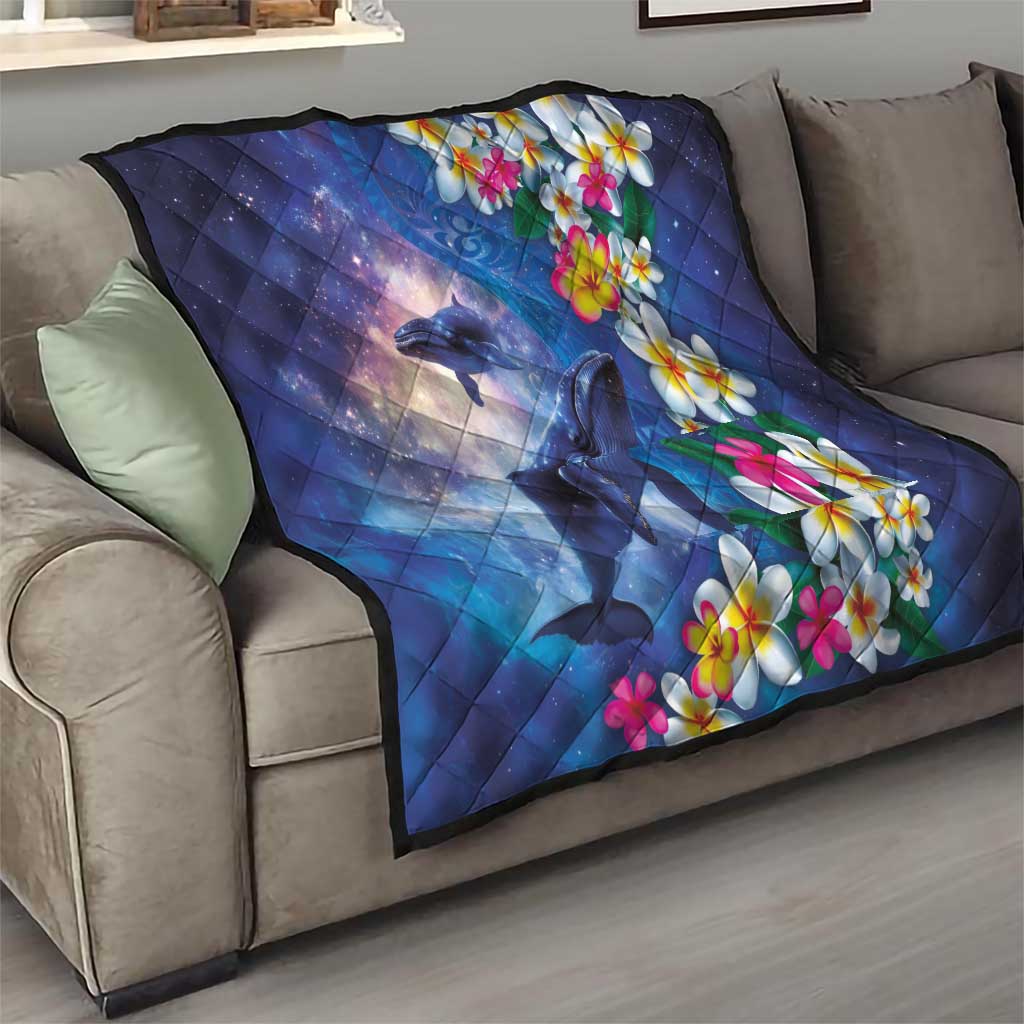Hawaiian Lei Day Plumeria Humpback Whales Quilt Polynesian Art Vibrant Starry Nebula Style