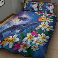 Hawaiian Lei Day Plumeria Humpback Whales Quilt Bed Set Polynesian Art Vibrant Starry Nebula Style