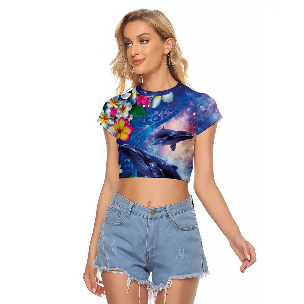 Hawaiian Lei Day Plumeria Humpback Whales Raglan Cropped T Shirt Polynesian Art Vibrant Starry Nebula Style
