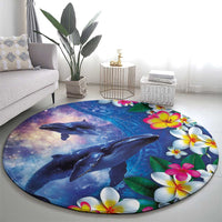 Hawaiian Lei Day Plumeria Humpback Whales Round Carpet Polynesian Art Vibrant Starry Nebula Style