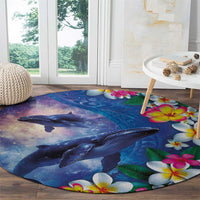 Hawaiian Lei Day Plumeria Humpback Whales Round Carpet Polynesian Art Vibrant Starry Nebula Style