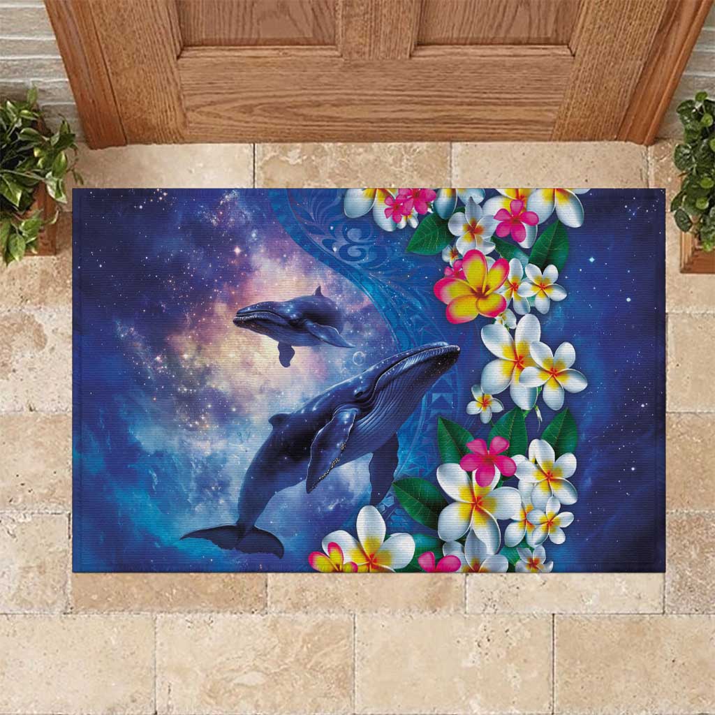 Hawaiian Lei Day Plumeria Humpback Whales Rubber Doormat Polynesian Art Vibrant Starry Nebula Style
